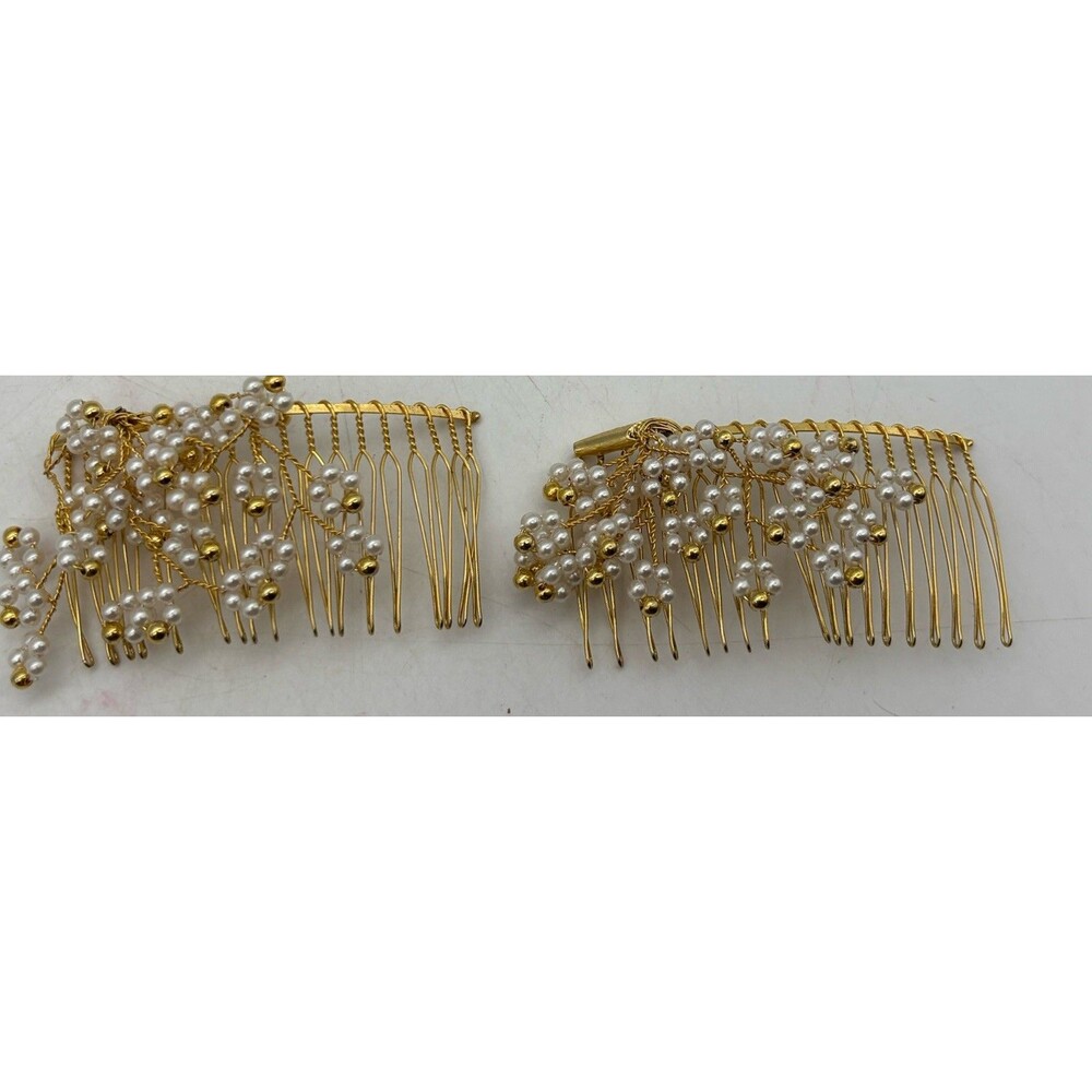 Gold Tone Faux Pearl Floral Hair Combs Set of 2 Bridal Wedding Updo